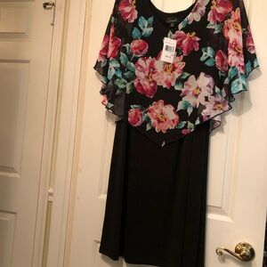 Connected Apparel Black Dress with Floral Print (attached overlay scarf )